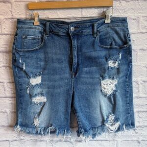 Risen Distressed Deconstructed Blue Jean Denim Shorts Raw Hem 2X
